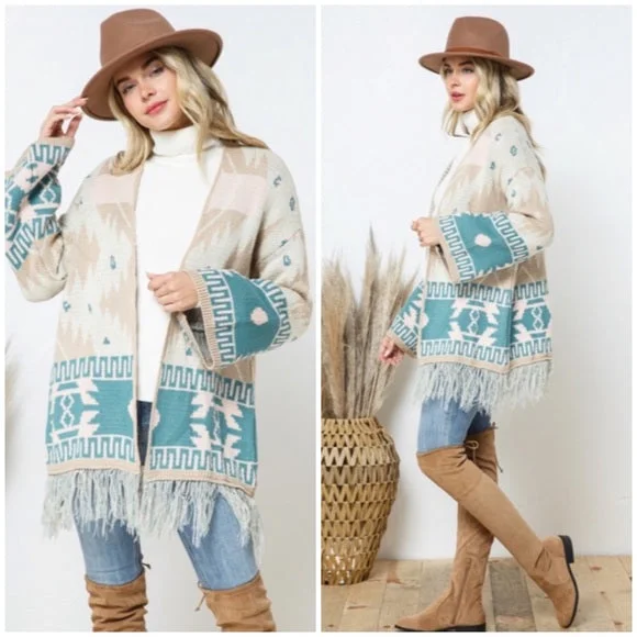 Taupe Teal Bell Sleeve Aztec Western Tribal Fringe Knit Boho Cardigan Sweater Glossy Satin Silk