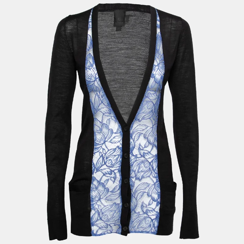 Vera Wang Collection Black And Blue Lace Trim Button Front Cardigan Spandex Blend Rayon Blend Denim Blend