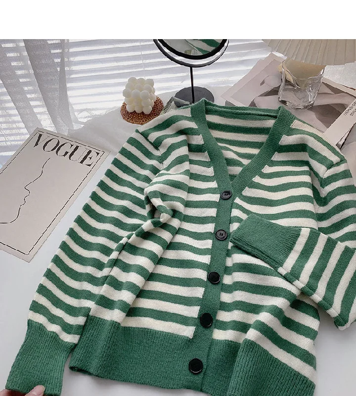 Vintage long sleeve knitted cardigan stripe V-neck casual top  6634 Solid Color Striped Floral Print