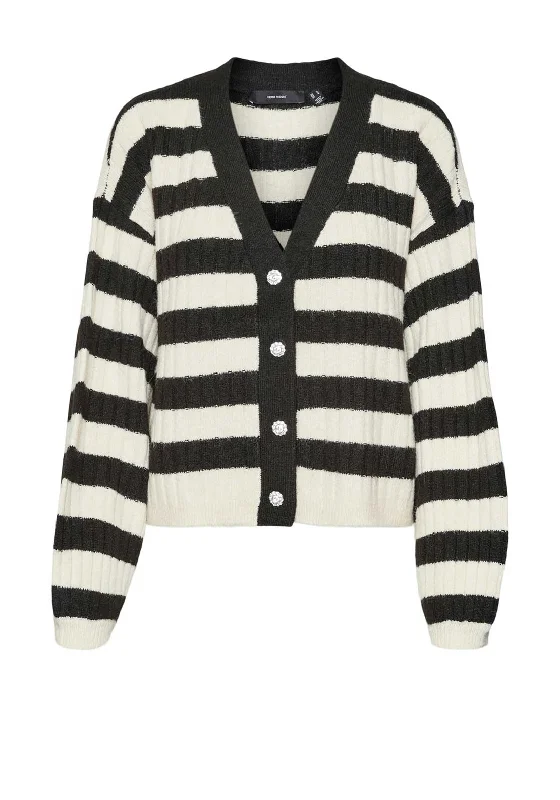 Vero Moda Elya Striped Cardigan, Black and Beige Plaid Cardigan Polka Dot Checkered