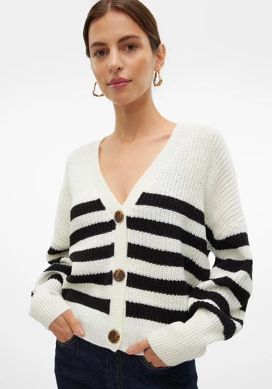 Vero Moda Lea Cropped Striped Button Up Cardigan, Cream and Black Oversized Loose Flowy